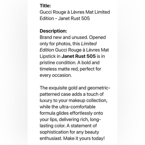 GUCCI ROUGE À LÈVRES MAT – LIMITED EDITION | JANET RUST 505 - Picture 10 of 17
